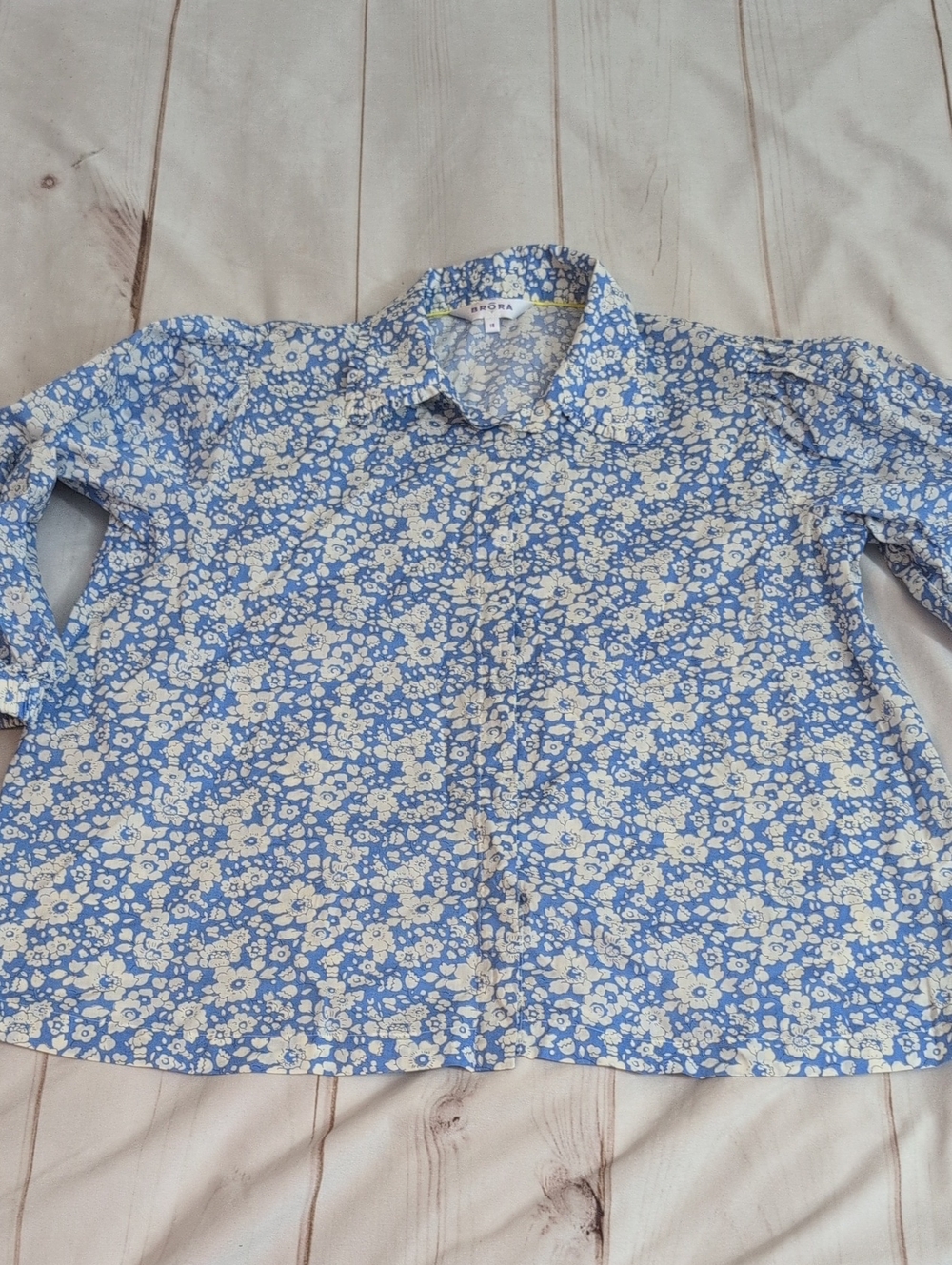 Brora Floral Shirt Womens UK 18 US 14 Blue White Organic Cotton Button Up